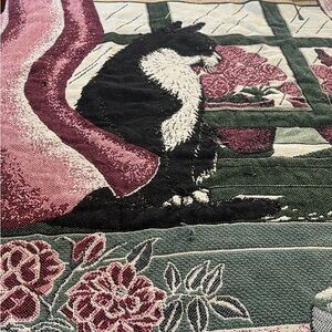 **As Is** Cat & Tea Tapestry Throw with Pink Floral Scene